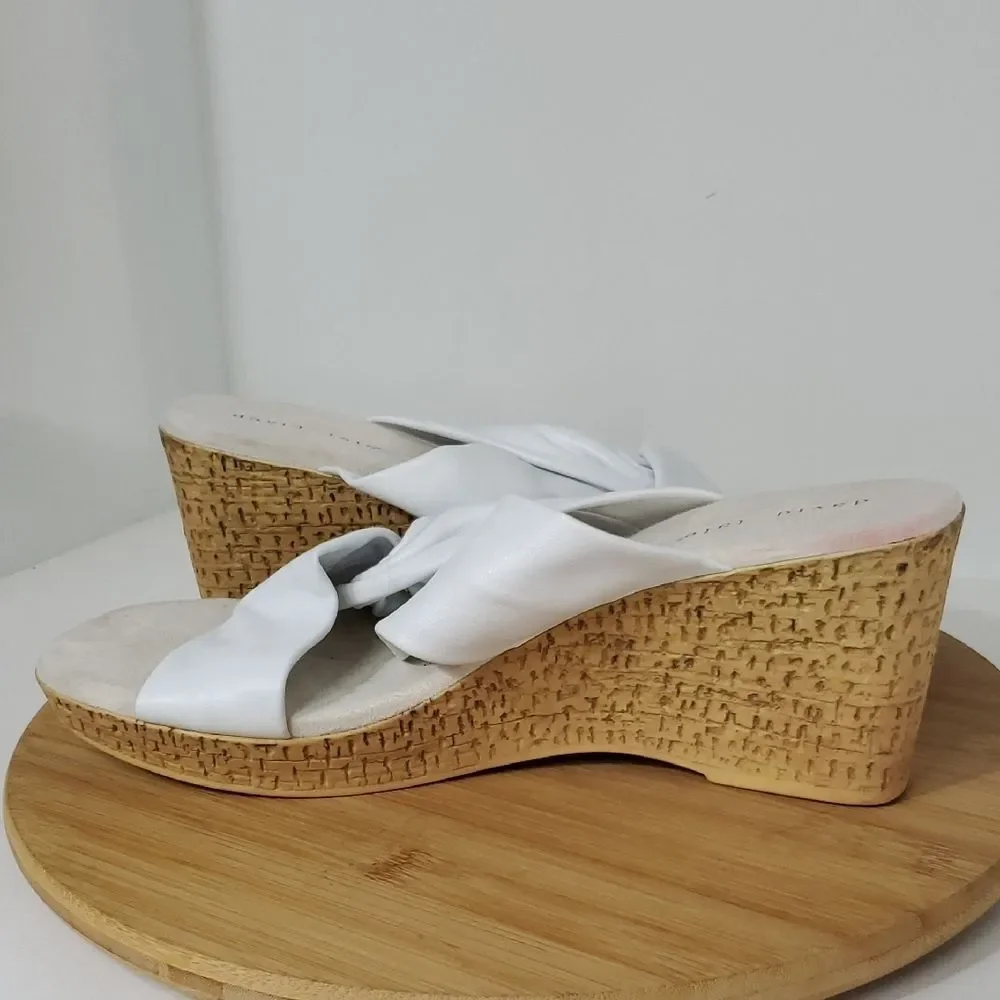 David Tate Loop Slide Sandals White Leather Slip On Wedge Women's Size 13